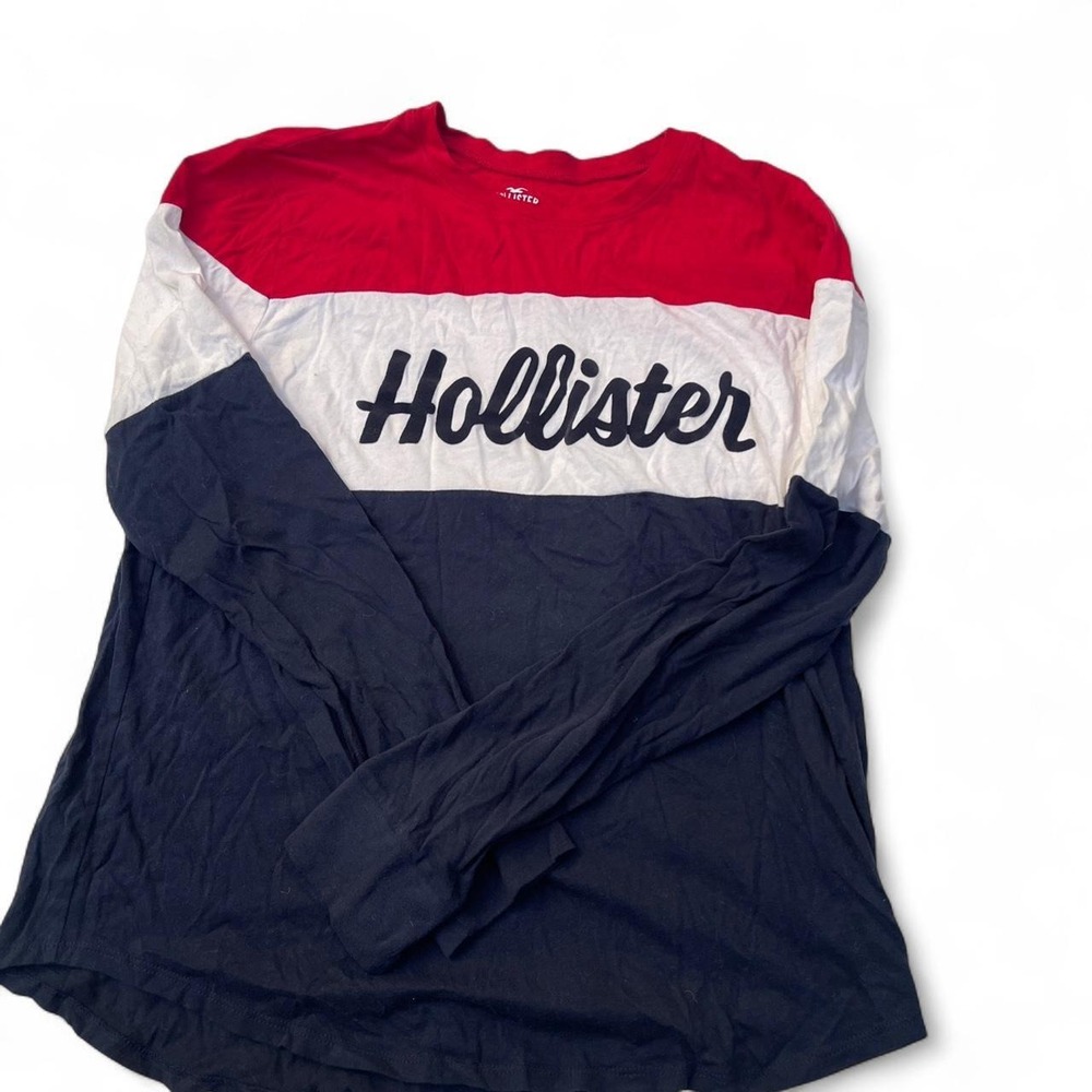 Hollister Long Sleeve Graphic Tee Red White Navy Colorblock Script Logo Small